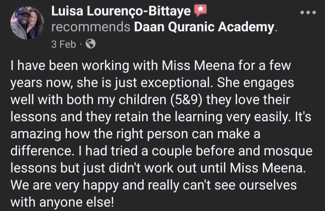 Positive review from parent about Quran tutoring